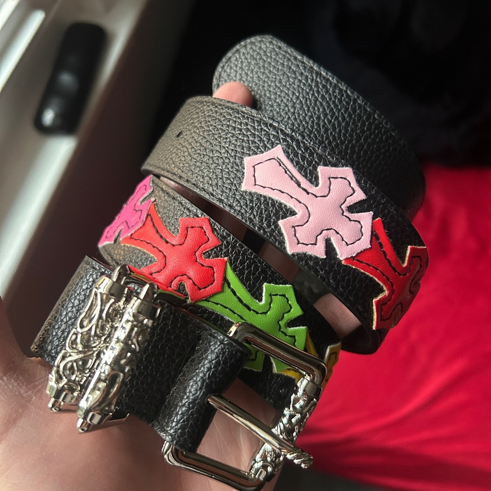 Stylish Black Leather Belt with Multicolor Crosses